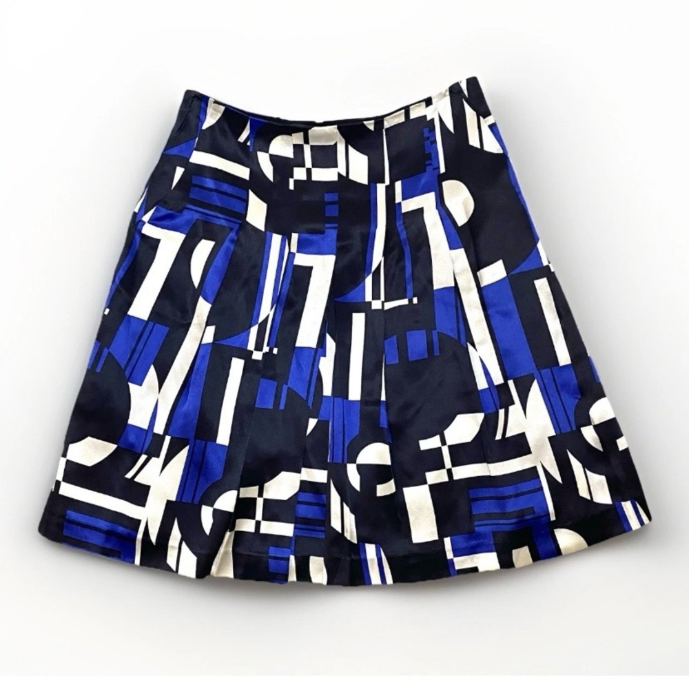 RALPH LAUREN SKIRT 100% Silk Geometric A-Line Pleated Sz. 4P Pockets, Black/Blue